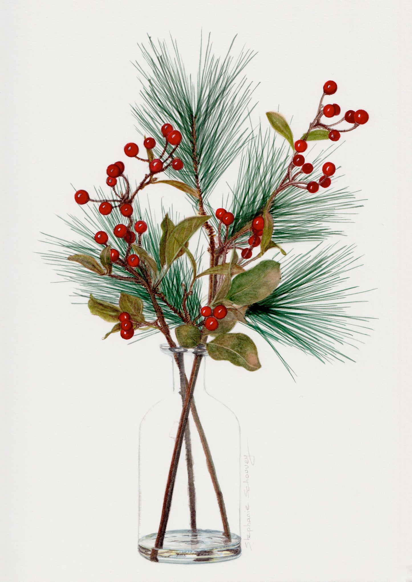 Aquarelle originale de composition florale en vase avec baies rouges et branches de pin