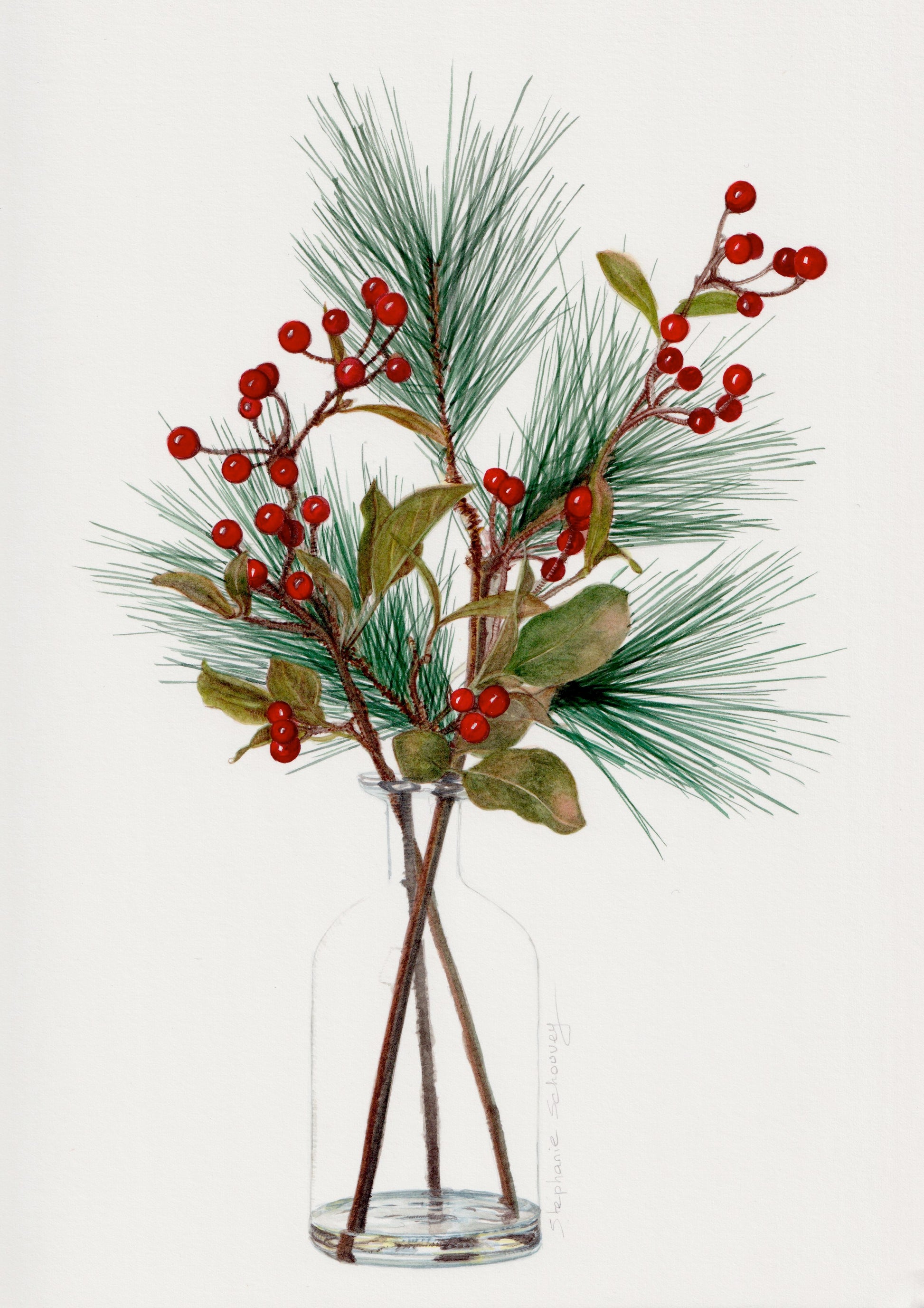 Aquarelle originale de composition florale en vase avec baies rouges et branches de pin